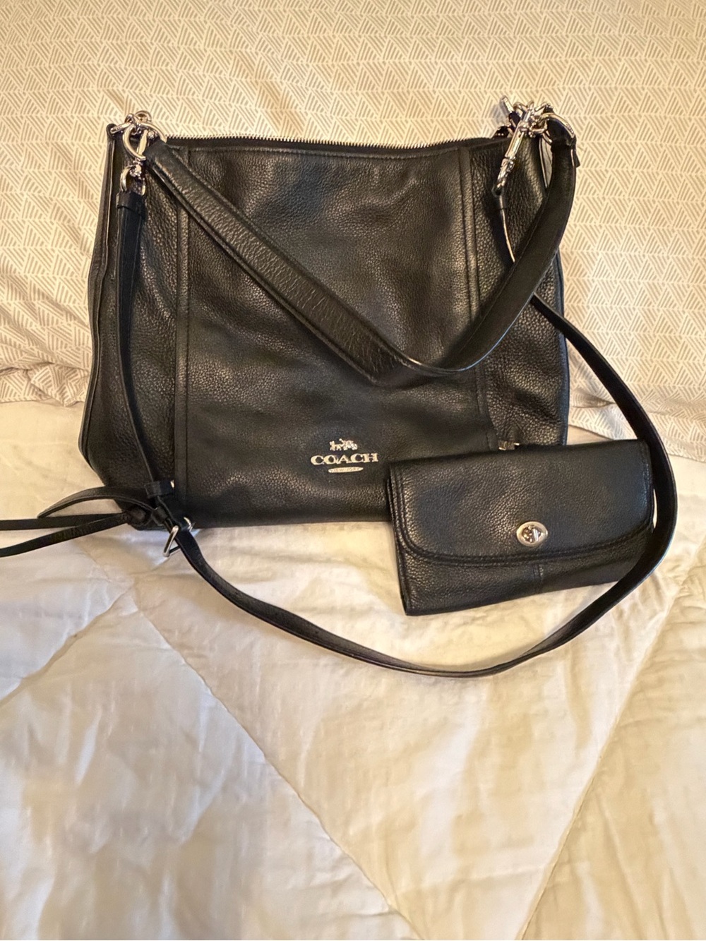 Coach Black Pebbled Leather Shoulder Bag with Matching Wallet Set